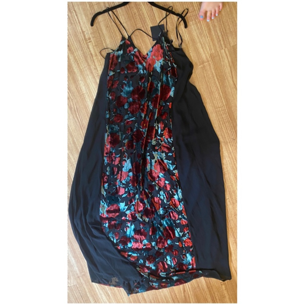 Perfect Christmas NWT ASOS Black Maxi Dress with a velvet green/Red rose panel